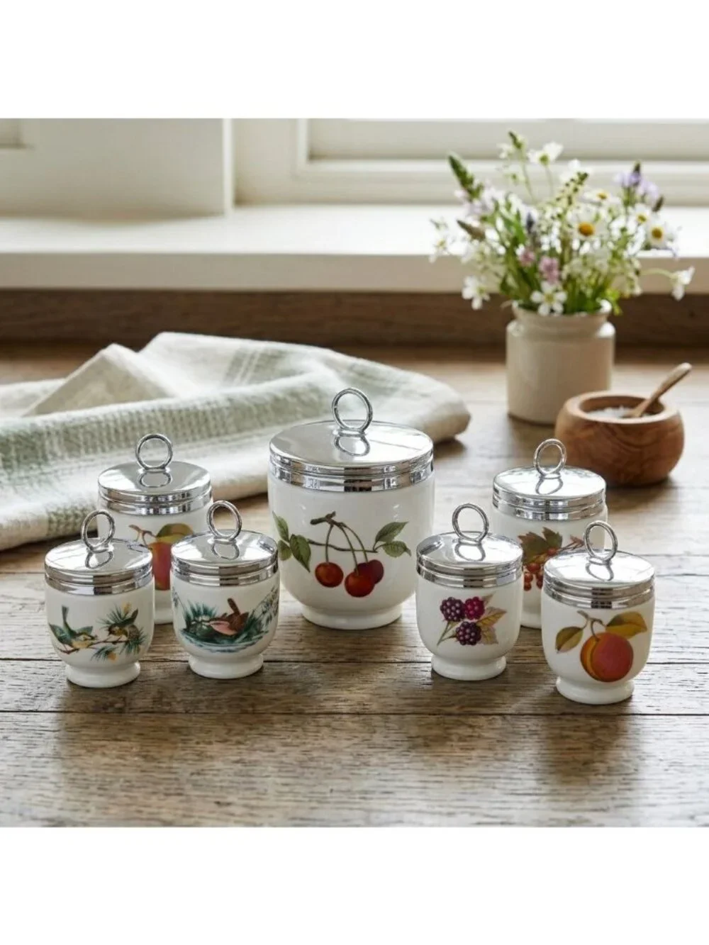 Royal Worcester Porcelain Egg Coddler Set of 7 Chrome Lids England Birds Berry